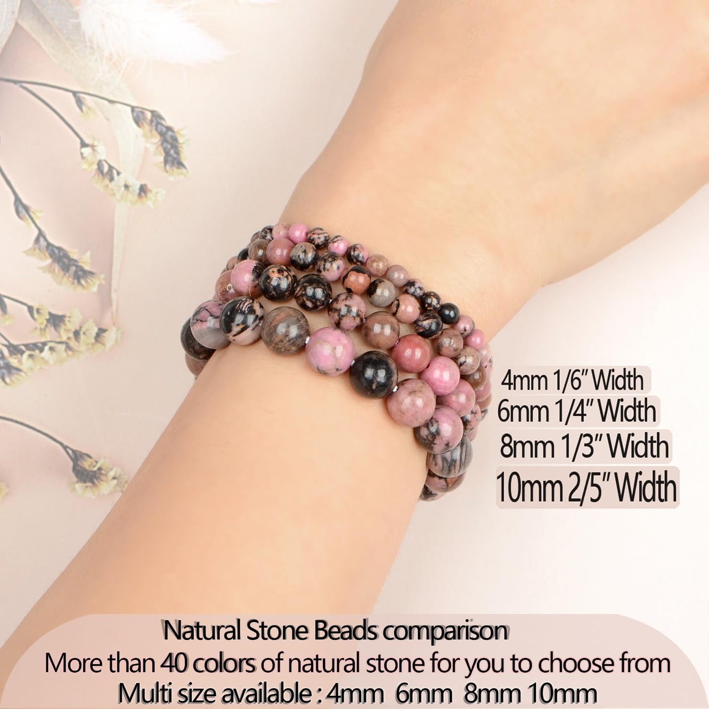 LPBeads Handmade Natural Gemstone Stretch Elastic 8mm Pink Black Rhodonite Bracelet Healing Crystal Round Stone Beads Jewelry Gifts for Women Men