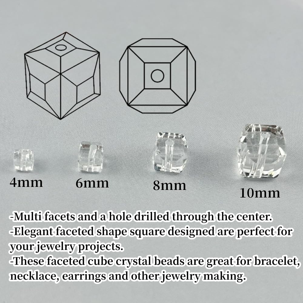YUEXIGO 100pcs 8mm Cube Crystal Glass Beads for Jewelry Making Faceted Square Crystal Glass Bead Spacer Beads Loose Beads for Bracelet Earring Necklace DIY Craft(Transparent)