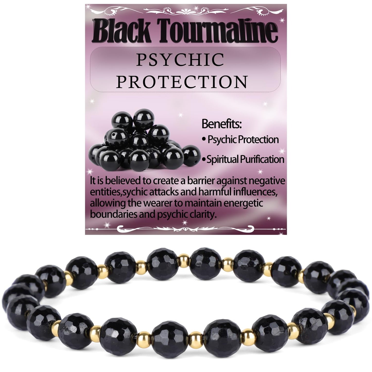 QOGIR Black Tourmaline - Psychic Protection - 14K Gold Plated Beads Natural Gemstone Stretch Elastic Dainty Healing Beaded Bracelets Gifts 6mm