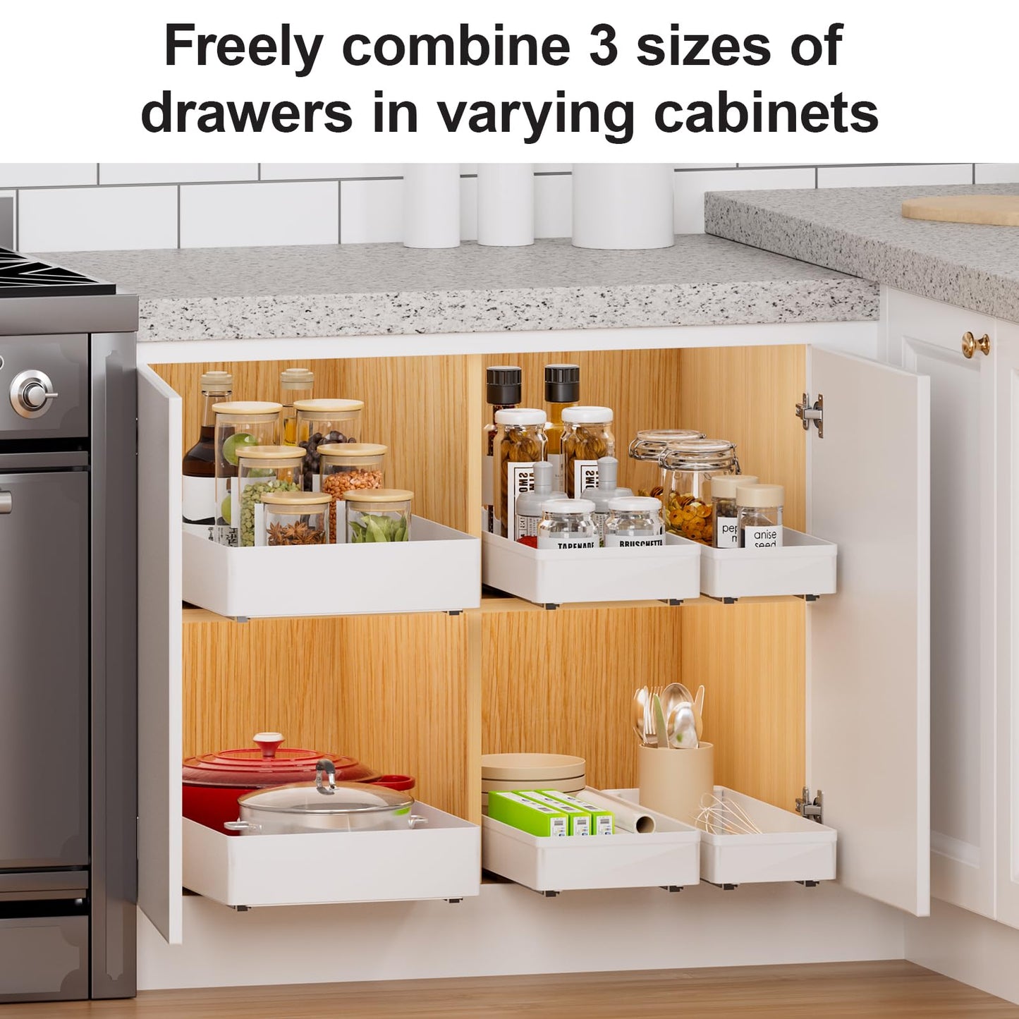 Delamu 3 Pack Pull Out Cabinet Organizer, 15.7"Deep Pull Out Drawers for Cabinets, Slide Out Drawers for Kitchen Cabinets, Bathroom Cabinet Organizer, Pantry (White)