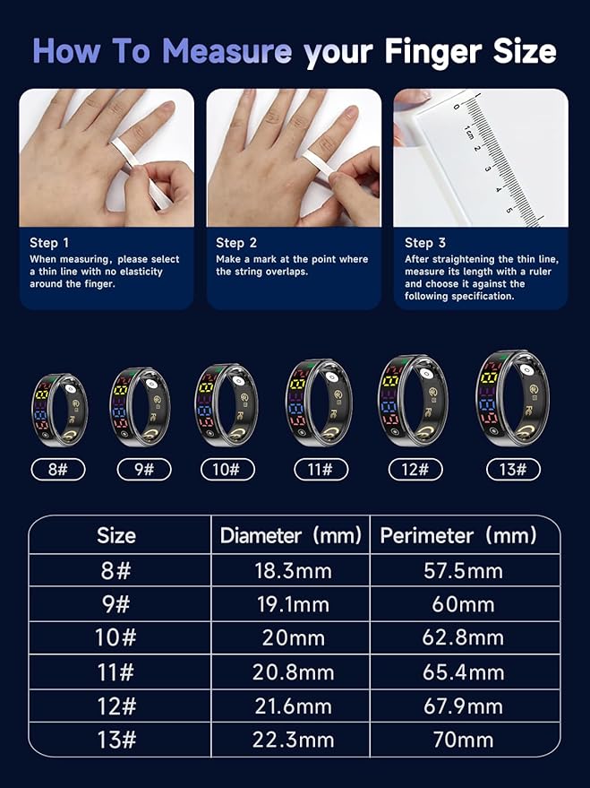 Smart Ring for Women Men, Health Ring with Colorful Display, Fitness Tracker with Heart Rate, Blood Oxygen, Sleep Monitor, No Subscription Fee, 5ATM Waterproof for iPhone & Android (Silver, 8)