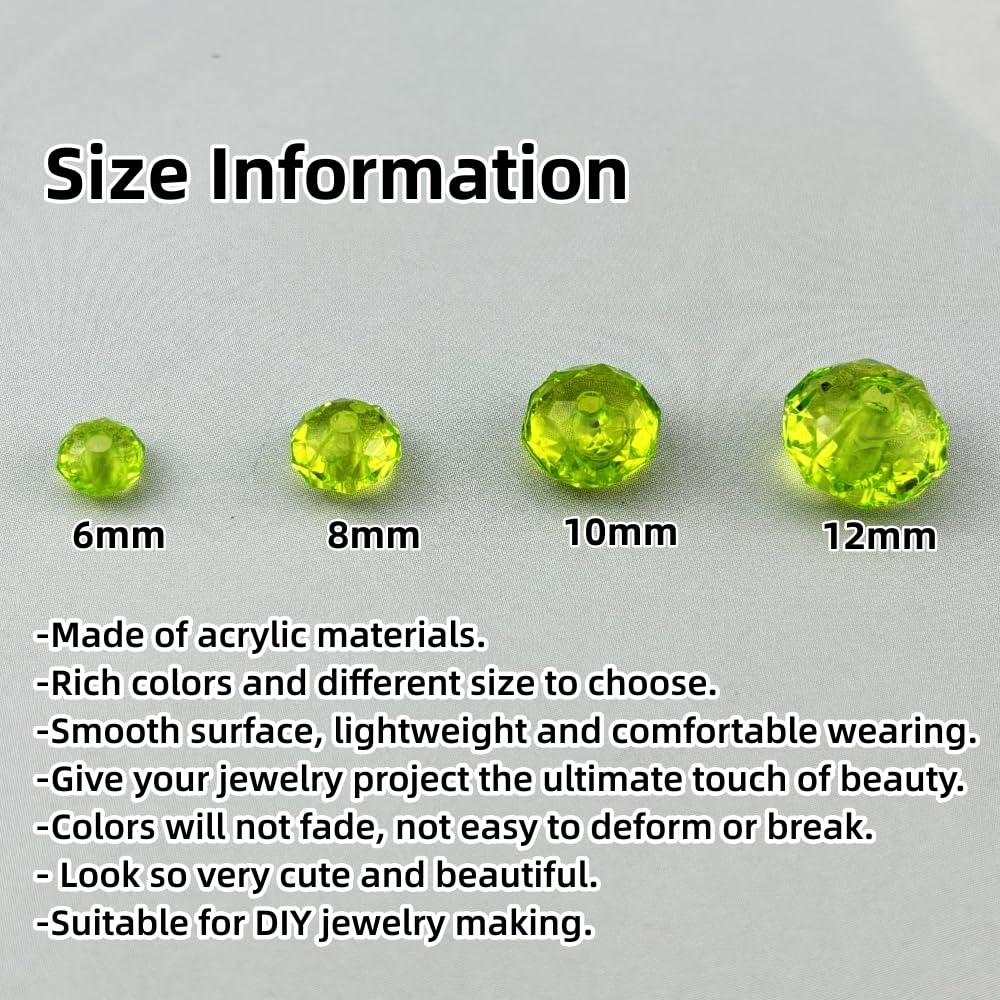 YHYPOCI 200pcs 10mm Acrylic Crystal Beads, Faceted Rondelle Acrylic Spacer Beads for Wind Chimes Bracelet Necklace Earring Keychain Jewelry Making DIY Crafts(Light Green)