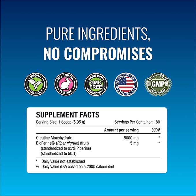 Approved Science Creatine Monohydrate Powder with BioPerine - Supports Lean Muscle Growth and Recovery - 360 Servings - 5000mg Per Serving - Unflavored - Non-GMO, Vegan