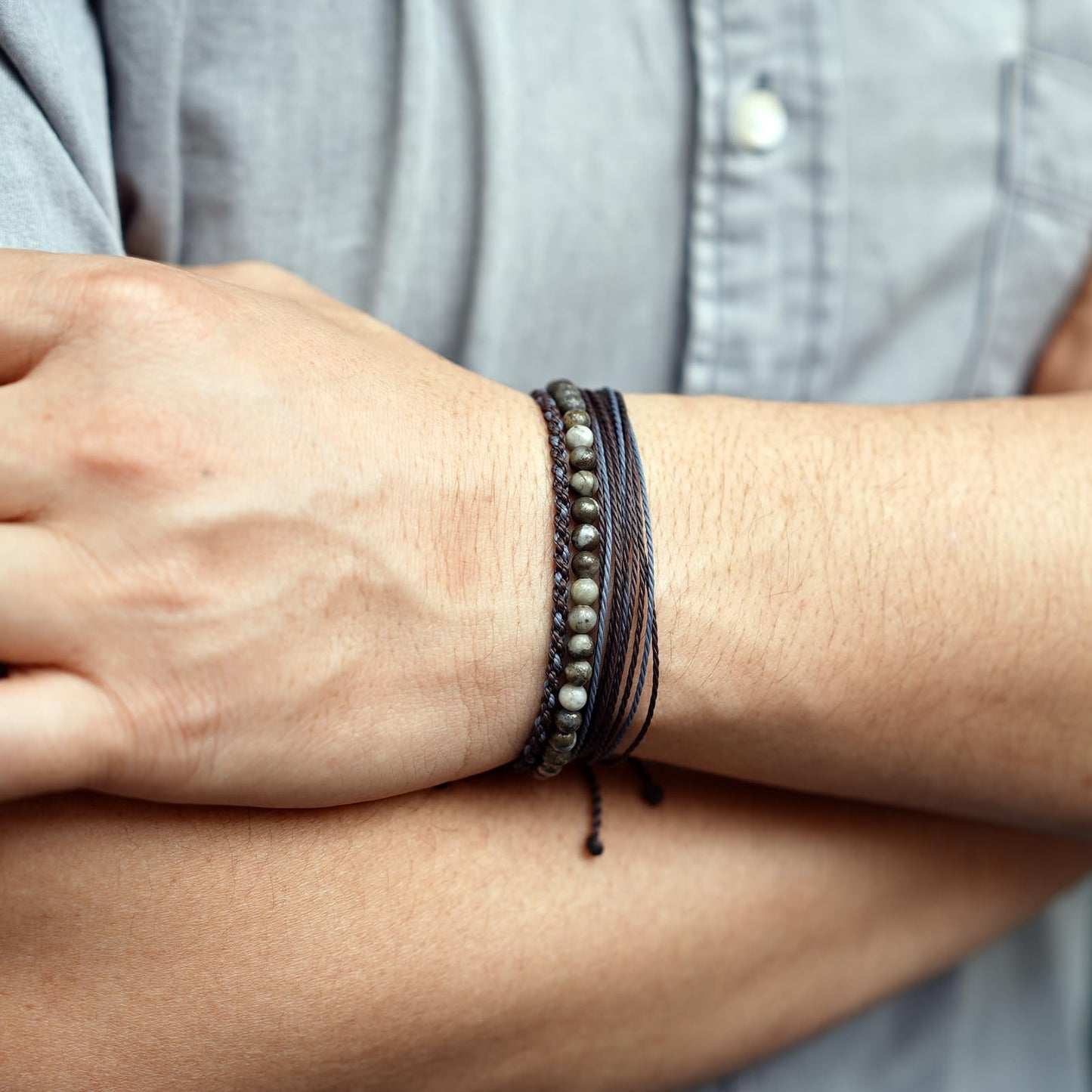 Handmade Natural Stone Beaded Healing Bracelet Gift for Men Adjustable Rope String Bracelet (Pyrite associated with white quartz ore)