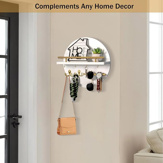 Key Holder for Wall Decorative with Shelf and Hooks, Mail Organizer Wall Mount with Sunglasses Holder, Circular Design Entryway Key Rack Hanger, Rustic Home Decor Boho Wall Decor (White)