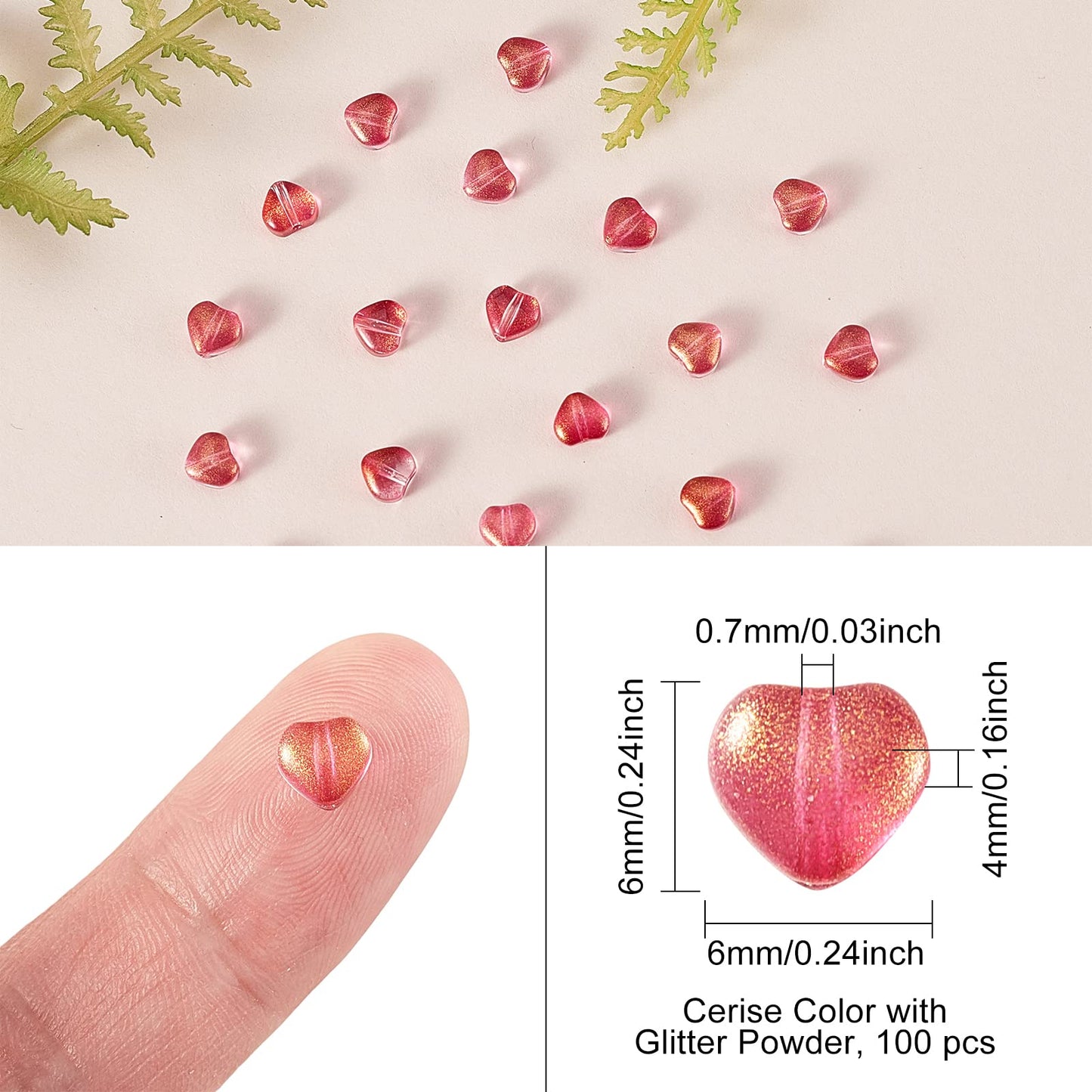 UR URLIFEHALL 100 Pcs Transparent Spray Painted Glass Beads with Glitter Powder Heart Spacer Cerise Beads for Jewelry Making DIY
