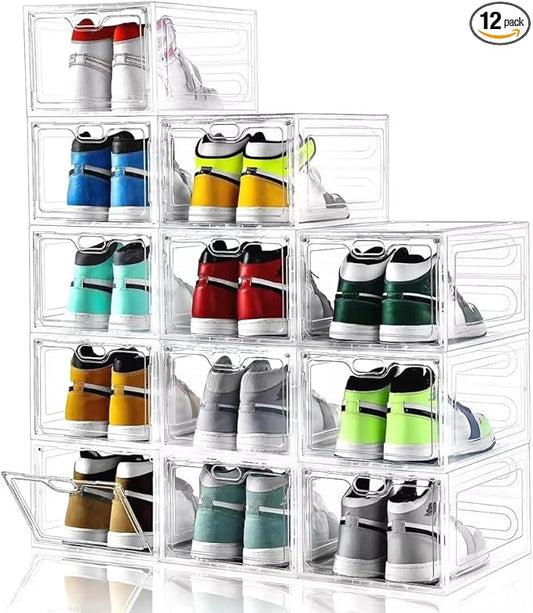 INSTY 12 Pack Large Shoe Storage Box, Clear Shoe Storage Organizer with Magnetic Door, Stackable,Shoe Containers For Display Sneakers, Easy Assembly, Fit up to US Size 12, Clear