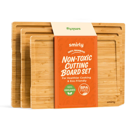 SMIRLY Bamboo Wooden Cutting Boards for Kitchen, Set of 3 Large - Small, Bamboo Wood Cutting Board Set with Deep Juice Grooves, Non Toxic Serving Tray, Perfect Mother's Day Gifts