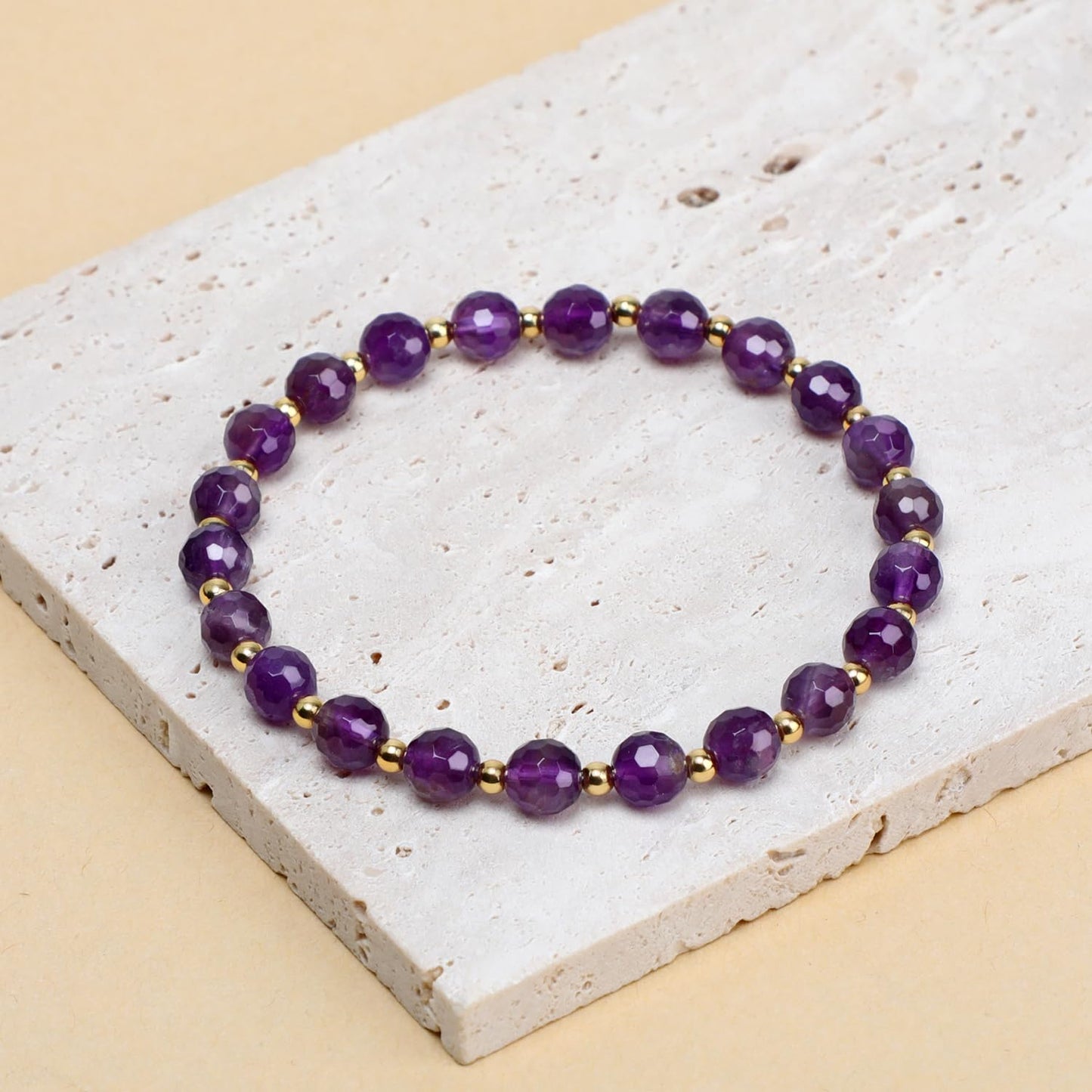 QOGIR Amethyst - Stone of Calmness - 14K Gold Plated Beads Natural Gemstone Stretch Elastic Dainty Healing Beaded Bracelets Gifts 6mm