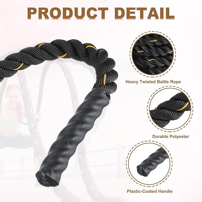 MECCANIXITY Battle Rope 50ft x 1.5 Inch Polyester Workout Rope Heavy Fitness Exercise Rope for Strength Training Home Gym Muscle Building, Black Yellow