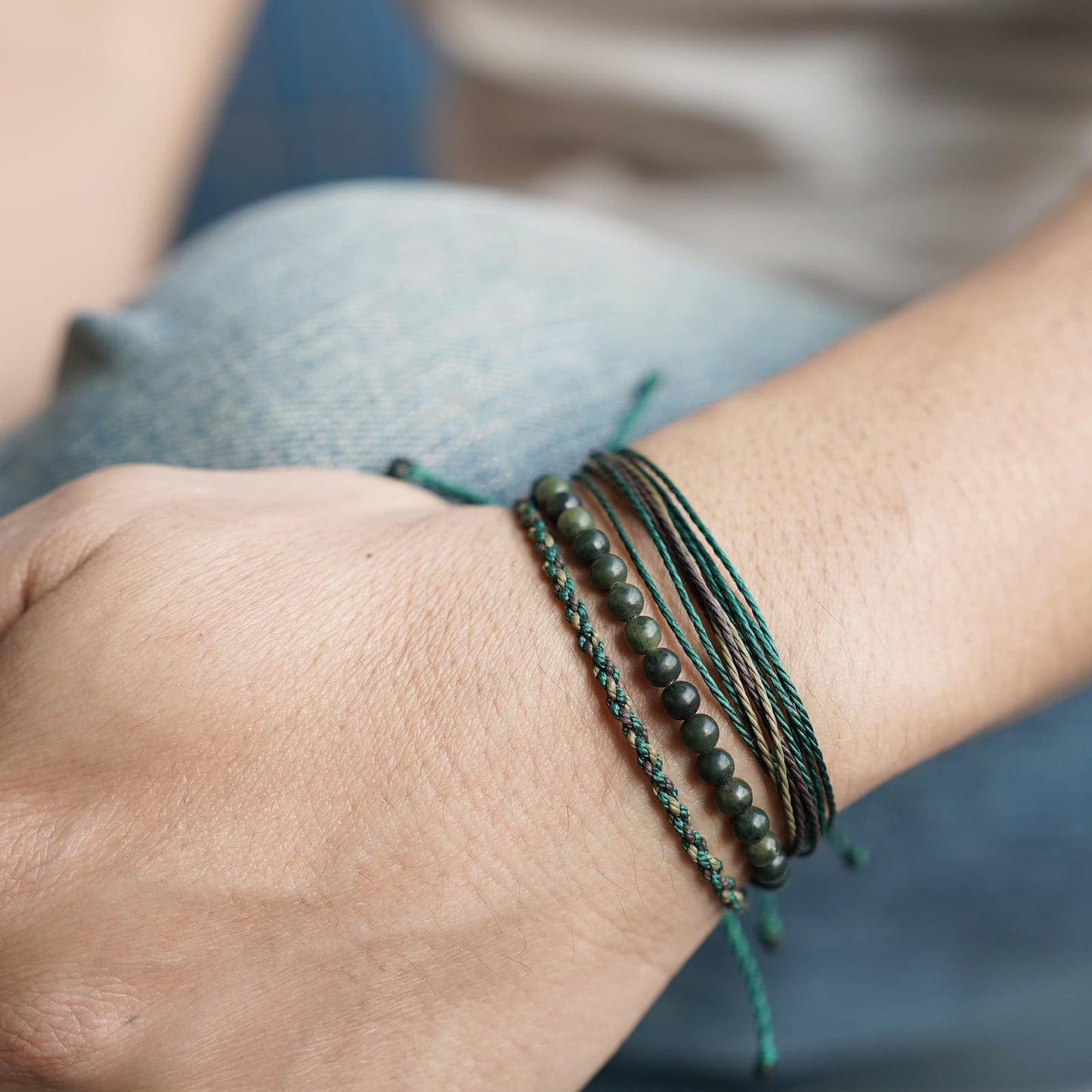 Handmade Natural Stone Beaded Healing Bracelet Gift for Men Adjustable Rope String Bracelet (Southern jade（Ink）, Adjustable)