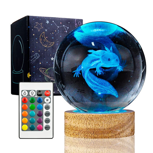 YYLZEPHB 3D Axolotl Crystal Ball Night Light with 16 Color LED Wooden Base, Upgraded 3.15 Inch Axolotl Glass Ball Lamp with Remote Control Cool Desk Decor Gifts for Kids Girls Boys Friends Fans