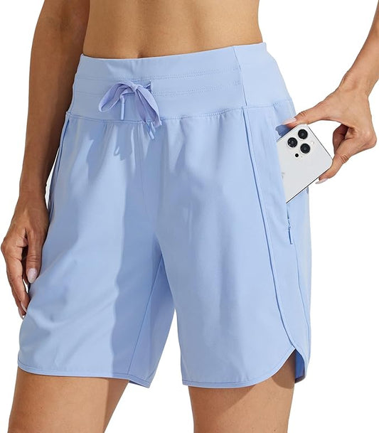 Willit Women's 7" Athletic Running Shorts Long Workout Hiking Shorts Quick Dry High Waisted Active Zipper Pocket(Large)