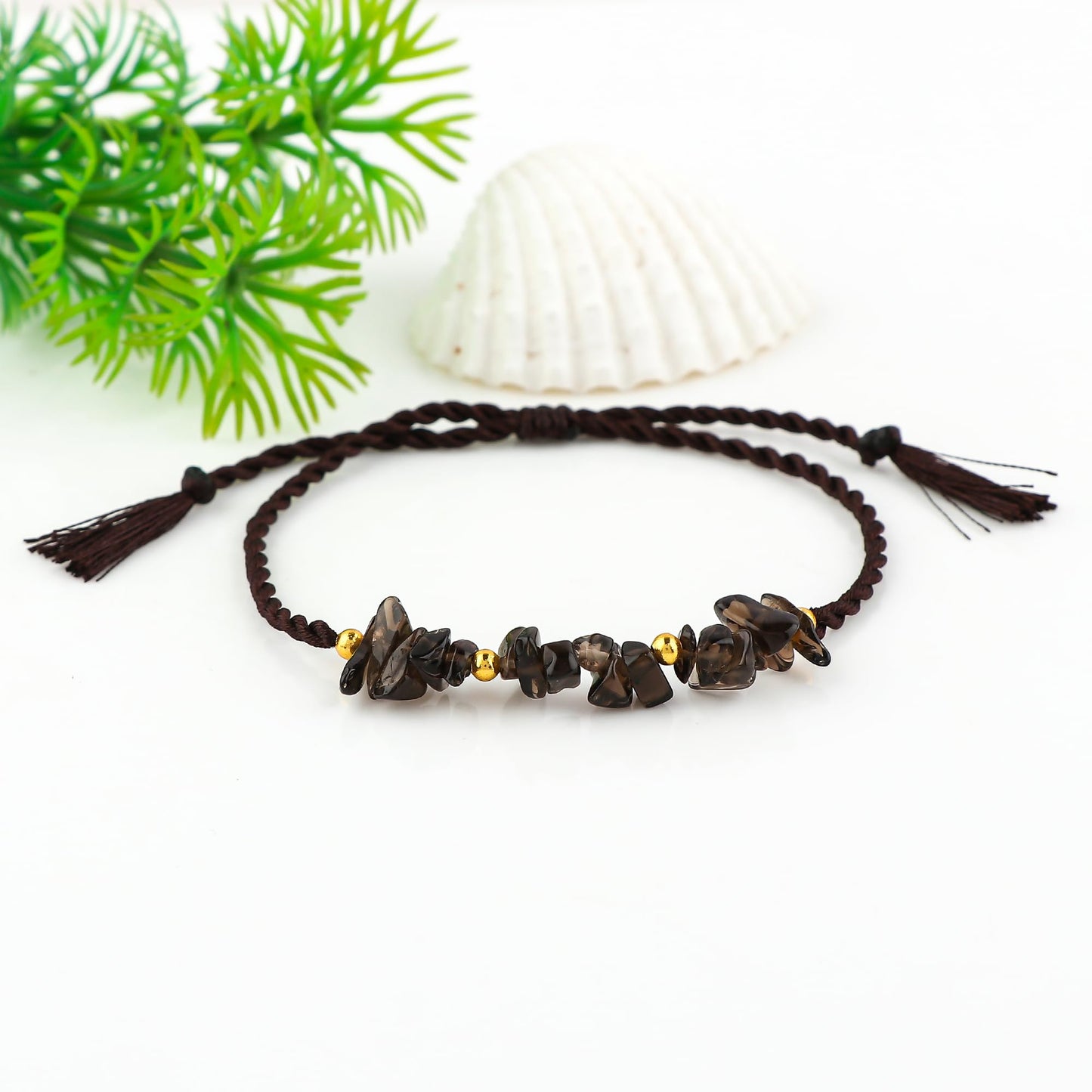 GEMSYMPHONY Smoky Quartz Gemstone Chips Rope Bracelet – Adjustable Handmade Crystal Chip Bead Bracelet for Women & Men, Natural Stone Healing Jewelry, Boho Style, Unisex Spiritual Gift (Smoky Quartz)