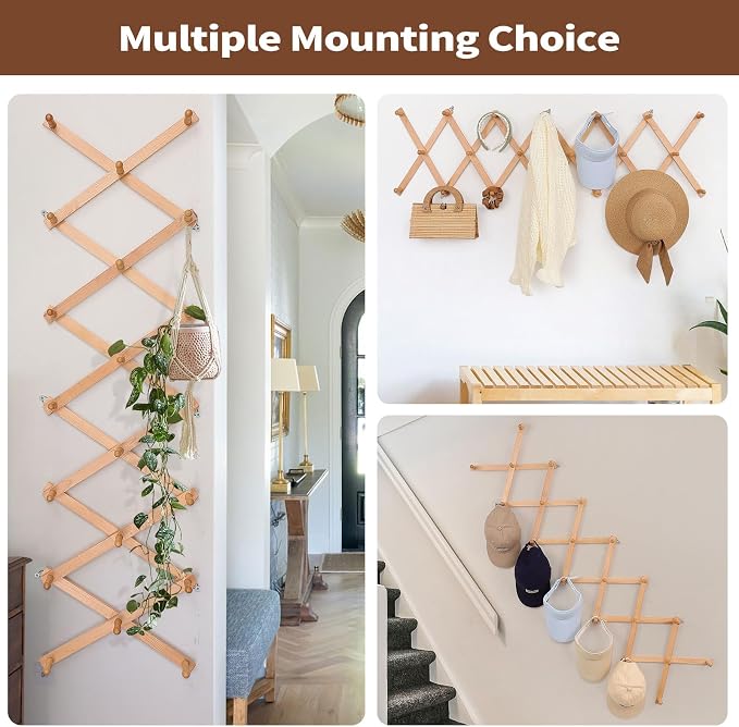 SCUNDA Wall Rack with 20 Hooks, Wooden Wall Expandable Coat Rack for Coat, Hats, Baseball Caps, Coffee Mug, Jewelry(Natural)