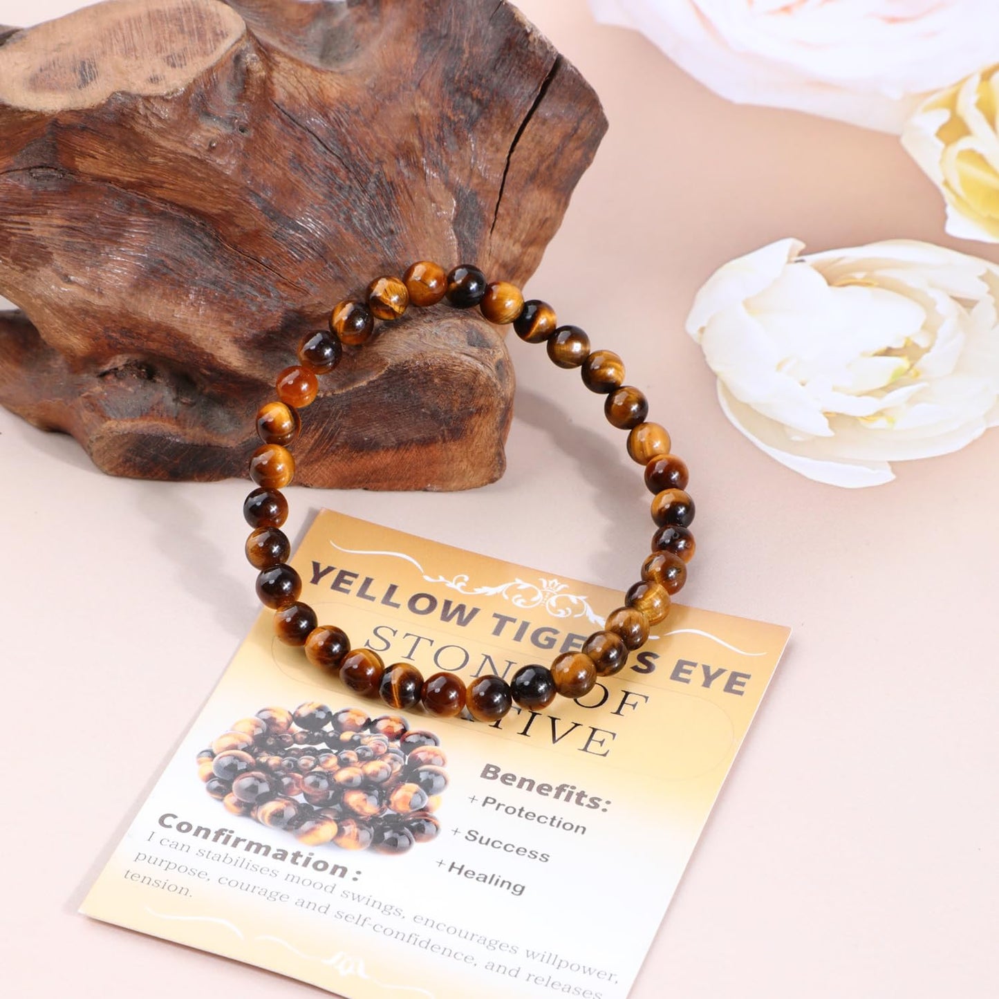Bymitel 6mm Yellow Tiger's Eye - Handmade Reiki Gemstone Stretch Bracelet, Natural Beauty & Spiritual Essence, Crystal Healing for Unisex Adults