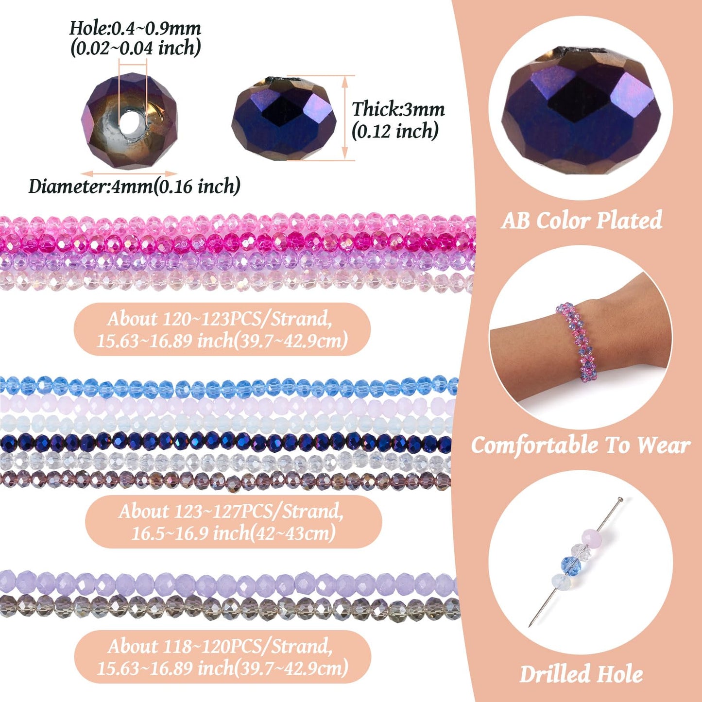Elecrelive 1420pcs Faceted Glass Beads 4mm Briolette Rondelle Beads Crystal Loose Beads for DIY Beading Bracelet Necklace Jewelry Making