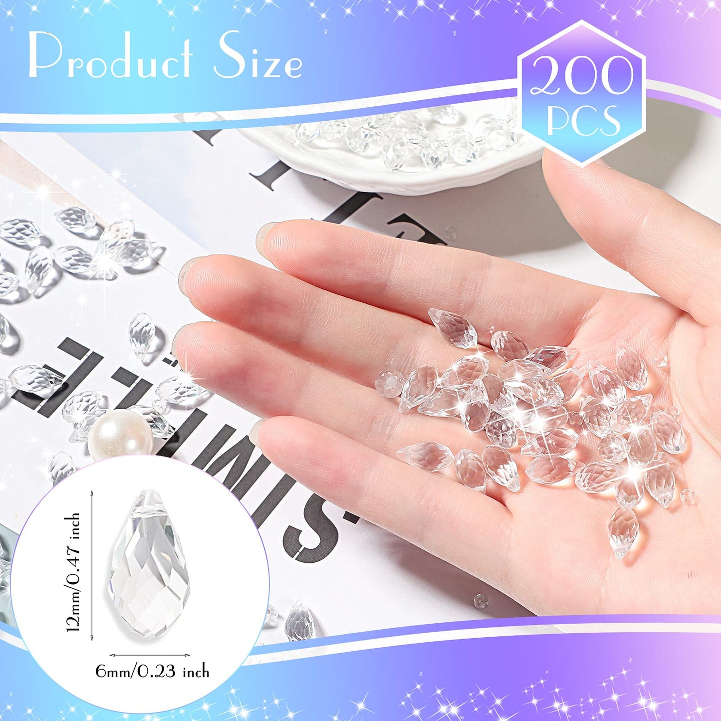 Hicarer 200 Pieces Teardrop Chandelier Crystal Pendants 6 x 12 mm Crystal Beads for Chandelier Jewelry Making DIY Project Earring Necklaces Bracelets (Clear)