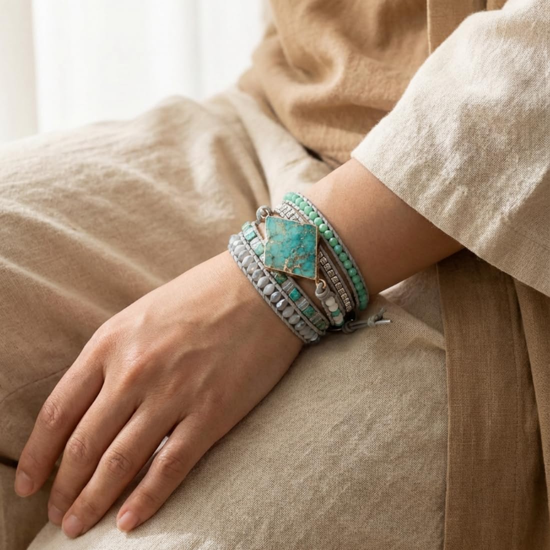 YGLINE Wrap Bracelets Crystal Beaded Bohemian Style Jasper Leather Woven Healing Stone Jewelry(Blue)
