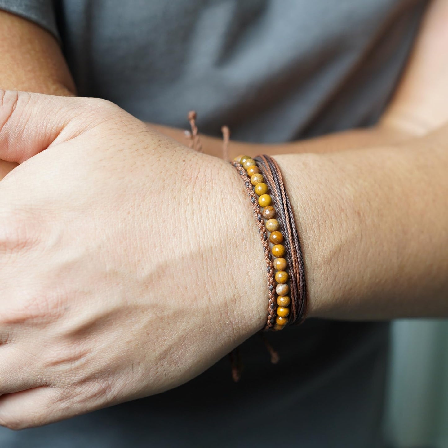 Handmade Natural Stone Beaded Healing Bracelet Gift for Men Adjustable Rope String Bracelet (wooden jasper, Adjustable)