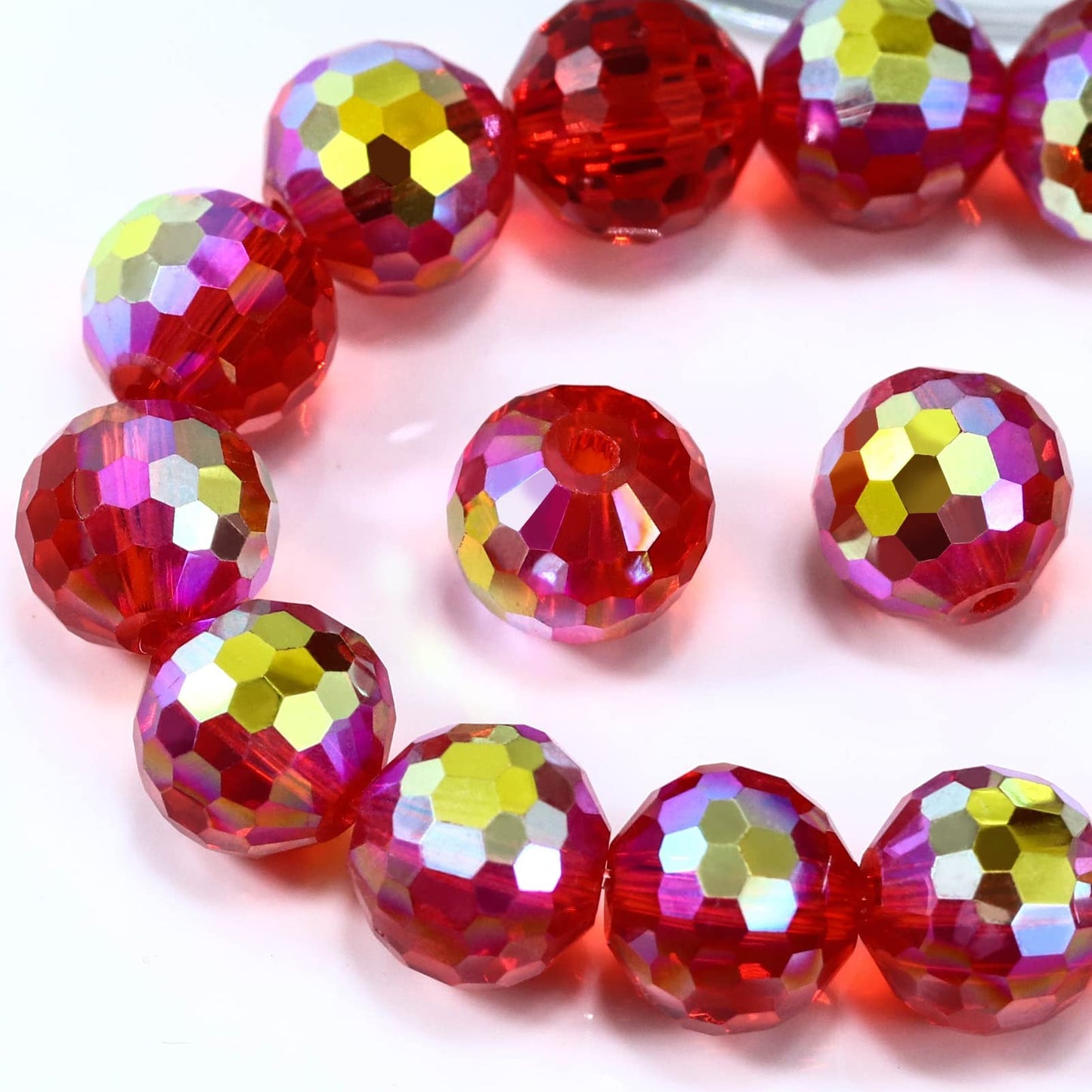 Dowarm 10MM Round Crystal Beads for Jewelry Making, Red/Siam AB Faceted Crystal Glass Beads for Crafts Bracelet Wind Chimes Suncatcher, #5003 Rondelle Spacer Beads, Loose Gemstones, 50PCS
