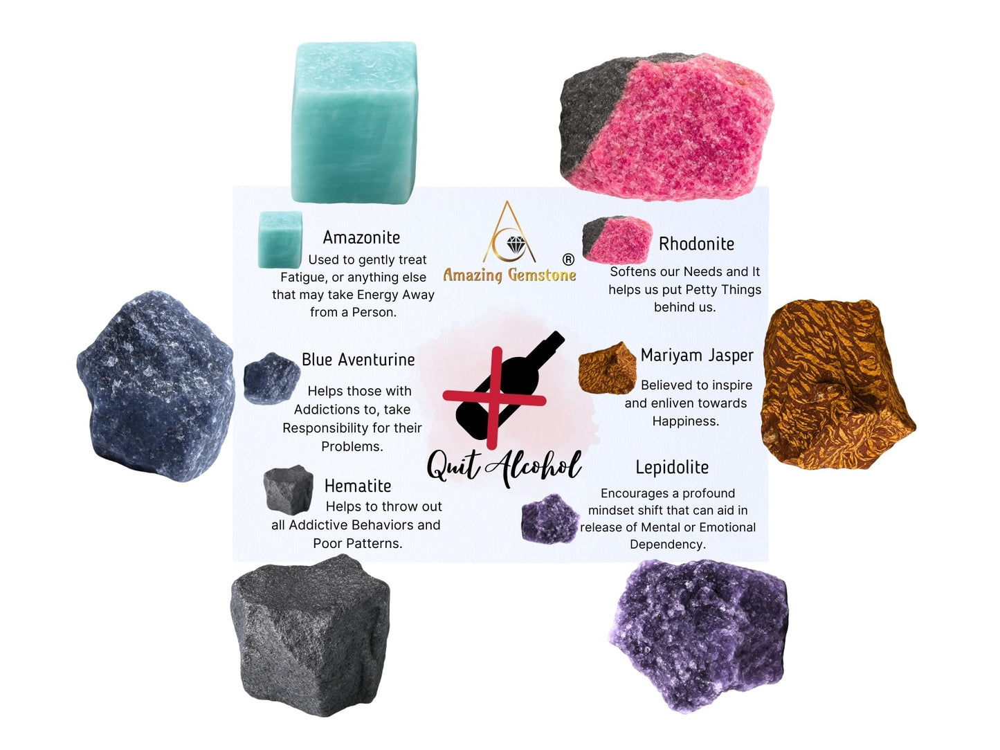 Amazing Gemstone Crystals for Quit Alcohol Manifestation, Set of 6 Amazonite, Blue Aventurine, Hematite, Rhodonite, Mariyam Jasper and Lepidolite Healing Crystals and Stones