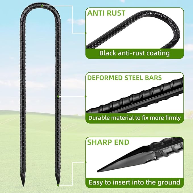 Black Trampoline Stakes Anchors High Wind 12inx6mm Galvanized U Hook 20pcs Rebar Stakes – Heavy Duty Ground Anchors for Trampoline,Yard & Inflatable,Landscape Metal Stakes for Outdoor Decorations