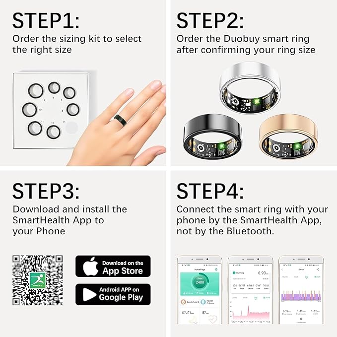 Smart Health Rings for Women Men, Fitness Tracker with Heart Rate, Blood Oxygen, HRV, Sleep Tracker, Step Tracker, No Subscription Fee, IP68 Waterproof Smart Ring for iphone & Android (Silver, 7#)