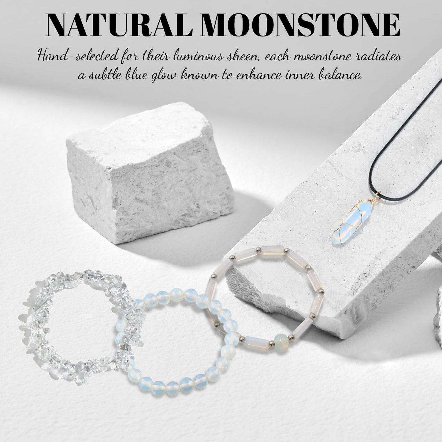 GRKZBKW 3Pcs Moonstone Bracelets and Moonstone Necklace for women – Healing Crystal Jewelry for Women, for Anxiety Relief, Stress, Emotional Balance