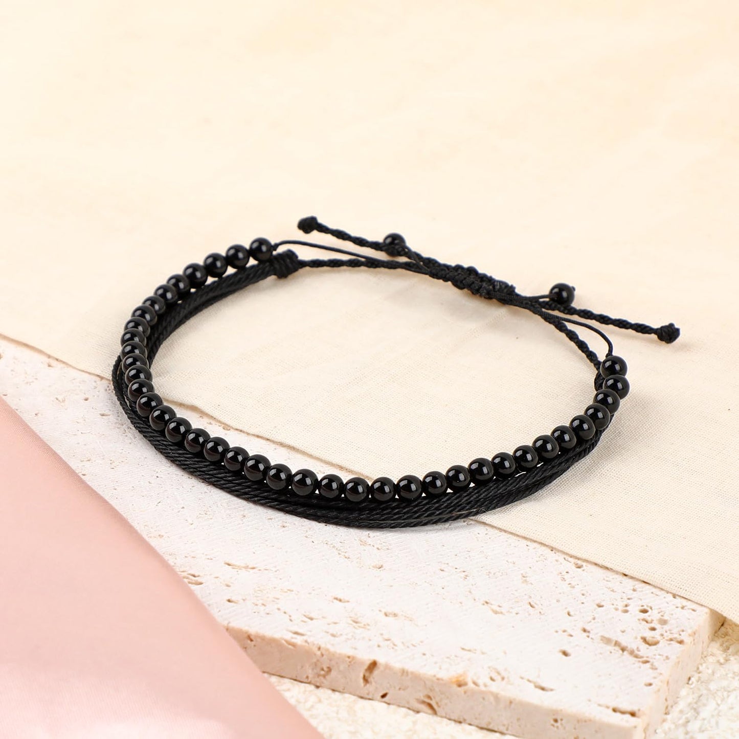 LPBeads 4mm Black Onyx Bracelet with Handmade Rope Bracelet Size Adjustable Natural Stone Crystal Healing Bracelets Gifts for Unisex Adults