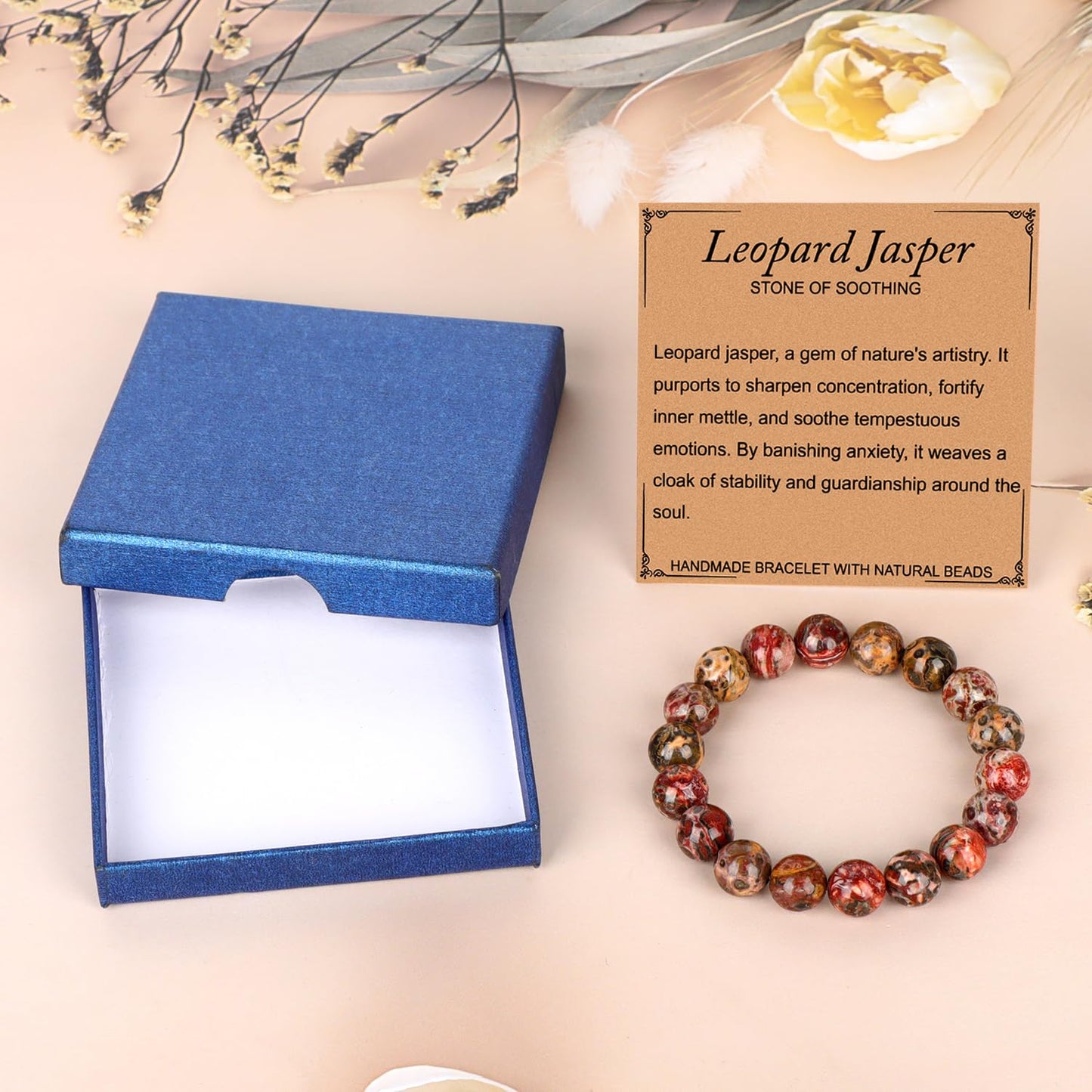 LPBeads Handmade Natural Gemstone Stretch Elastic 10mm Leopard Jasper Bracelet Healing Crystal Round Stone Beads Jewelry Gifts for Women Men