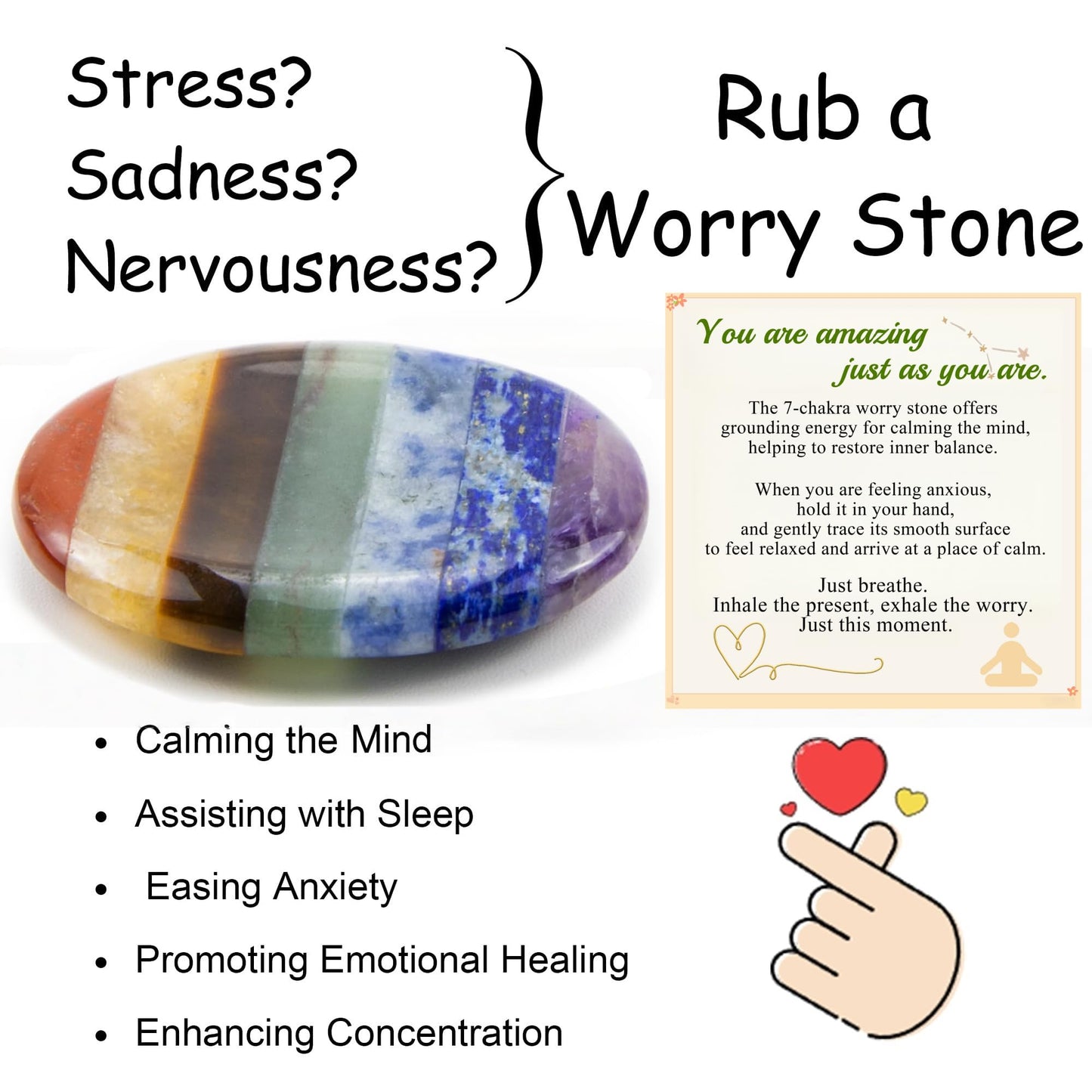 NUKAYAI Worry Stone Crystals and Healing Stones Anxiety Fidgets Natural Meditation Accessories 7 Chakra Thumb Sensory Mental Health Depression Stress Anxiety Relief Items Mother's Day Gifts for Women