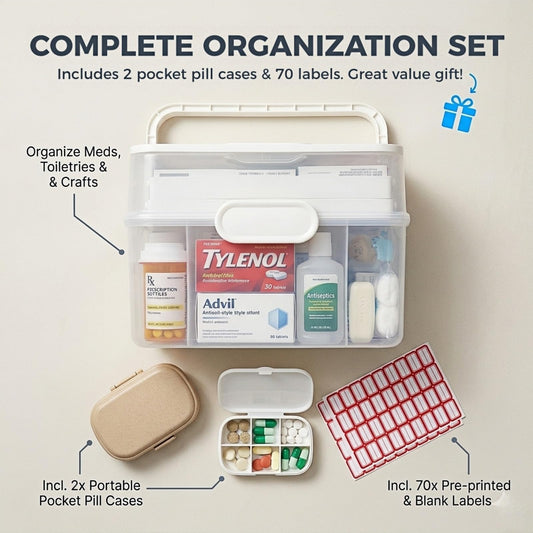 Portable Medicine Organizer Box & First Aid Kit Container – 3-Layer Folding Storage Bin with Handle & Latch, Clear Medical Supply Case for Home, Dorm, Sewing – w/ 2 Pill Pods & Labels