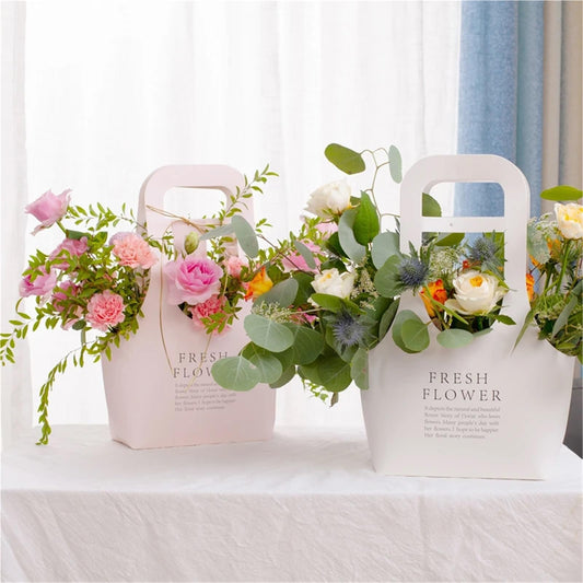 Nikeg Kraft Paper Flower Gift Bags 10Pcs Korean Portable Flower Box, Kraft Paper Bouquet Arrangement Packaging Bag, Creative Waterproof Gift(White,Big)