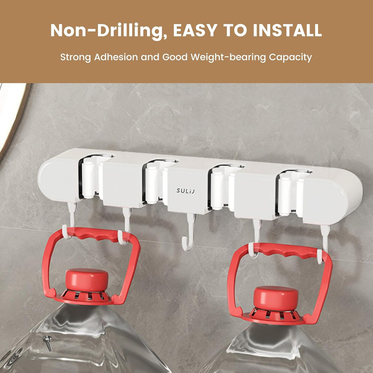 Skiennix Broom Holder Wall Mount - No-Drilling Self-Adhesive Storage Rack with Hooks | 2 Pcs, White