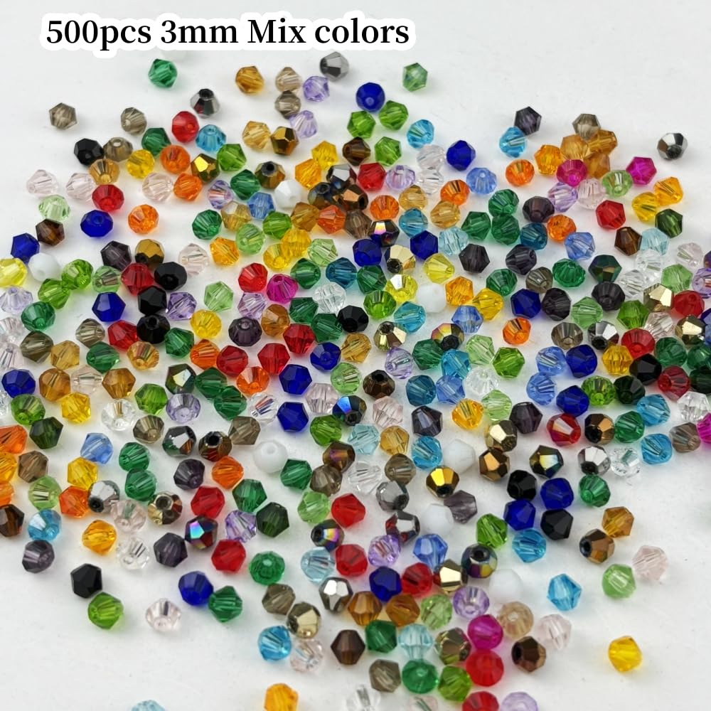YUEXIGO 500pcs 3mm Bicone Glass Crystal Beads for Jewelry Making, Faceted Bicone Glass Spacer Beads for Bracelet Earring Necklace DIY Craft(Mix Color)