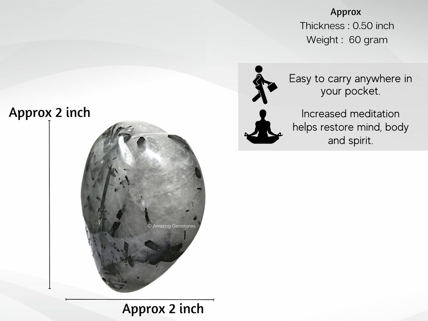 Amazing Gemstone Black Rutilated Quartz Crystal Heart Palm Stone - Pocket Massage Worry Stone for Natural Body Chakra Balancing, Reiki Healing and Crystal Grid