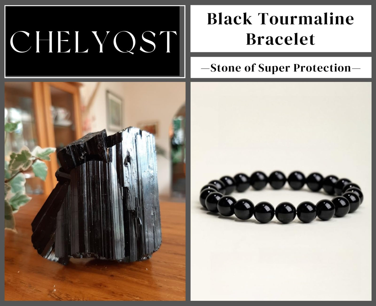 CHELYQST Black Tourmaline Bracelet - Stone of Super Protection,Stretch Natural Stone Crystal Beads Jewelry Gifts for Women Men Unisex Adult,8mm