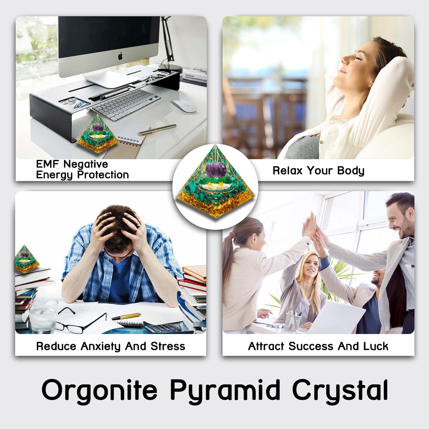 Orgonite Pyramid, Natural Amethyst Malachite Orgone Pyramid, Protection Crystals Energy Generator for Stress Reduce Meditation, Attract Wealth Lucky