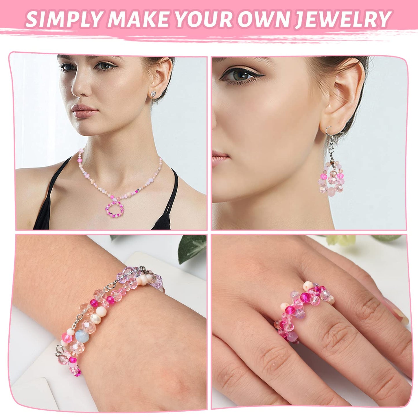 KINGSHINE 1000pcs 4/6/8mm Rondelle Glass Beads for Jewelry Making,Electroplate Round Shaped Crystal Spacer Beads Assorments for Bracelet Necklaces DIY Pink