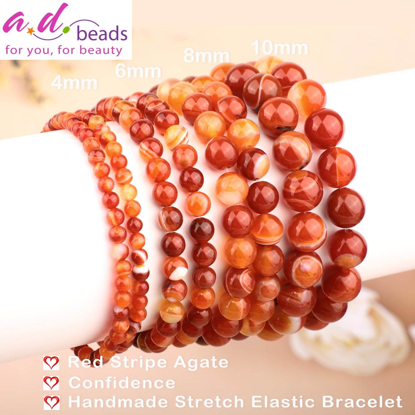 AD Beads 10mm Handmade Red Stripe Agate Elastic Bracelet – Natural Gemstone for Confidence – Meditation, Yoga, Healing and Energy Gift for Men Women