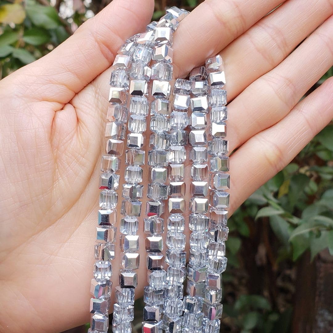 200pcs Czech Faceted Cube Crystal Glass Loose Beads Spacer Bulk 6mm (0.24 Inch) Silver Shade for DIY Jewelry Craft Making CCC632