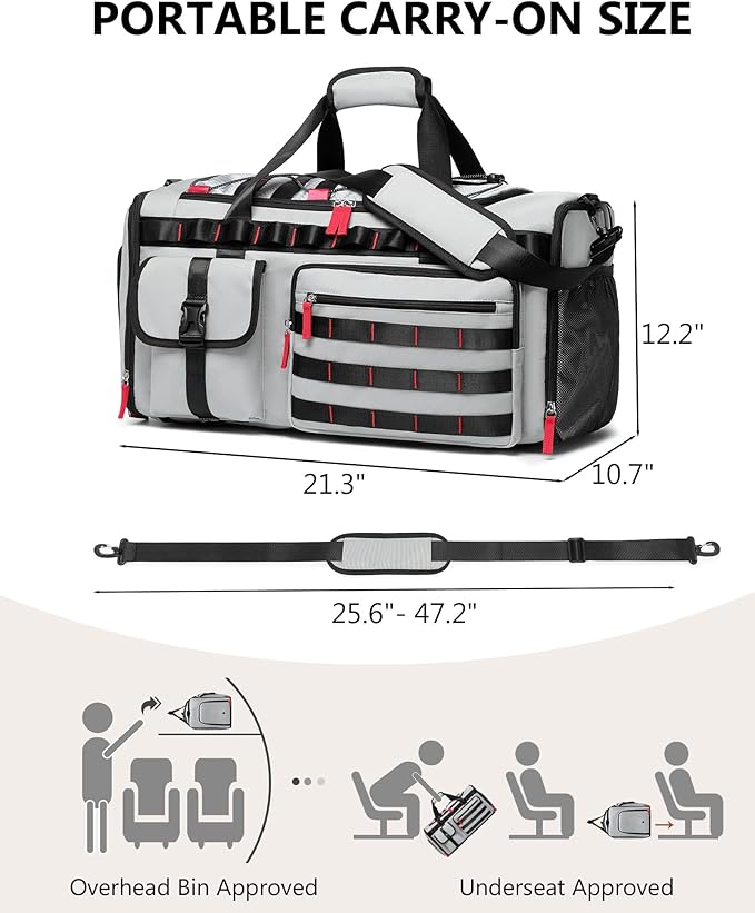 MCBD Gym Bags for Men & Women, 45L Travel Duffle Sports Backpack with Shoes & Laptop Compartment, Large Workout Carry On Bag Weekender Overnight Tote, Grey