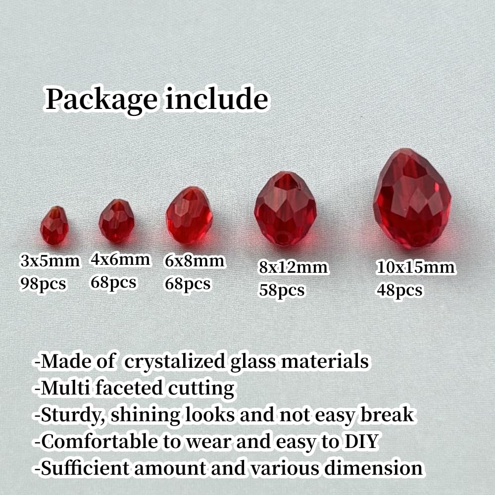 Xinhongo 340pcs Teardrop Crystal Glass Beads 3x5mm 4x6mm 6x8mm 8x12mm 10x15mm Vertical Hole Faceted Glass Spacer Beads for Necklace Bracelet Earrings DIY Jewelry Crafts(Red)