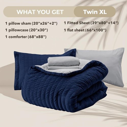 HYMOKEGE Twin XL Comforter Set - Navy Blue & Light Grey Seersucker | 5-Piece All-Season Luxury Bedding Set