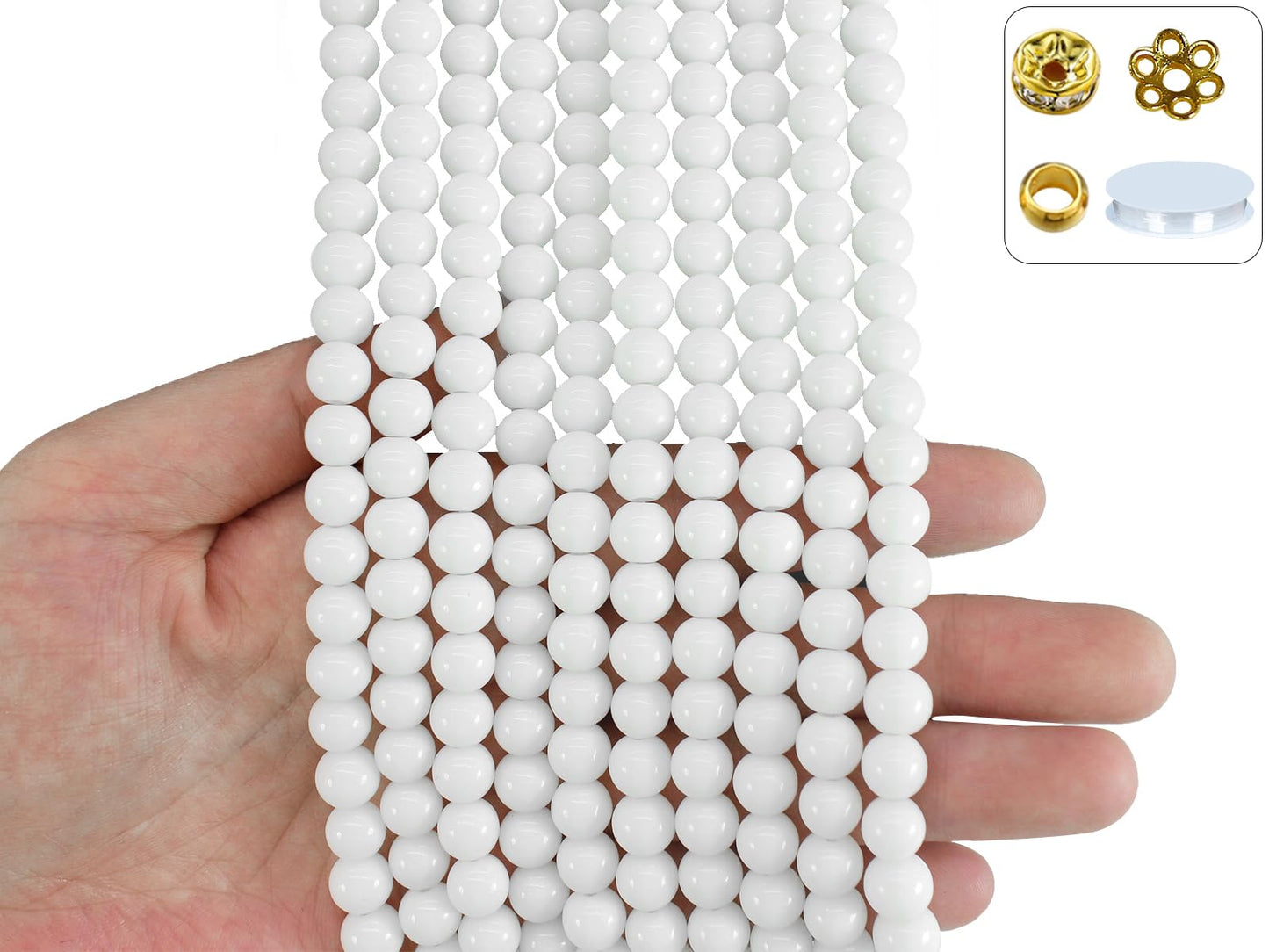 Pamir Tong 650PCS 8mm Snow White Glass Beads for Jewelry Making,Round Smooth Beads, Bracelet Space Loose Beads for Earring, Necklaces-Adult Craft Supplies