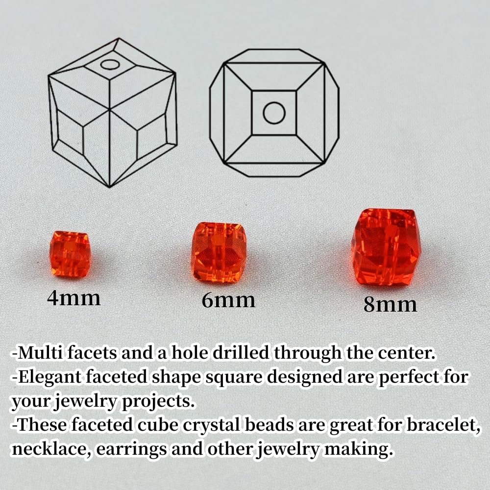 YUEXIGO 100pcs 6mm Cube Crystal Glass Beads for Jewelry Making Faceted Square Crystal Glass Bead Spacer Beads Loose Beads for Bracelet Earring Necklace DIY Craft(OrangeRed)