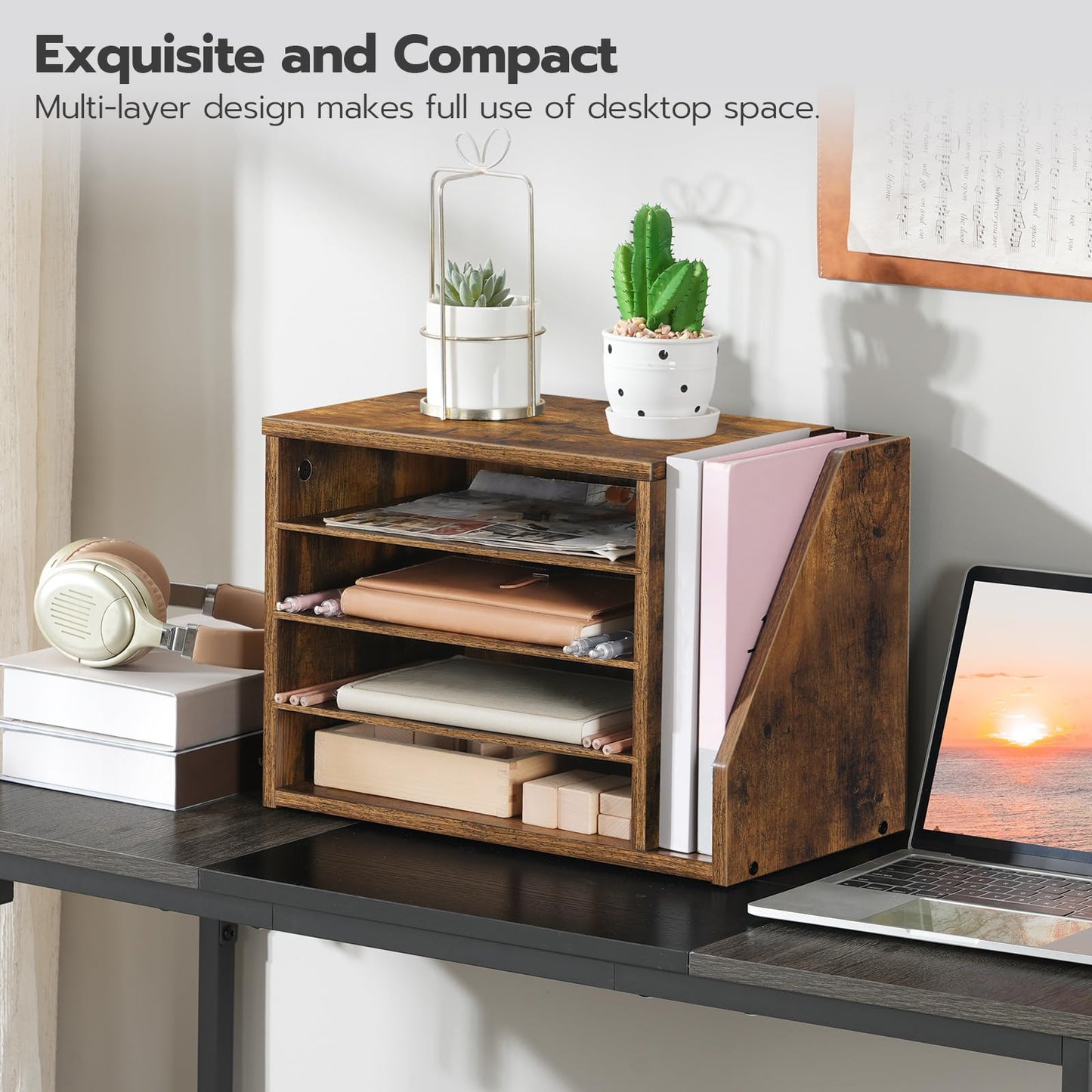 HOOBRO Mail Sorter, Literature Organizer with Adjustable Shelves, Paper Organizer for Office, Home, Wood Countertop File Holders, Mails, Magazines, Rustic Brown FG41WF01