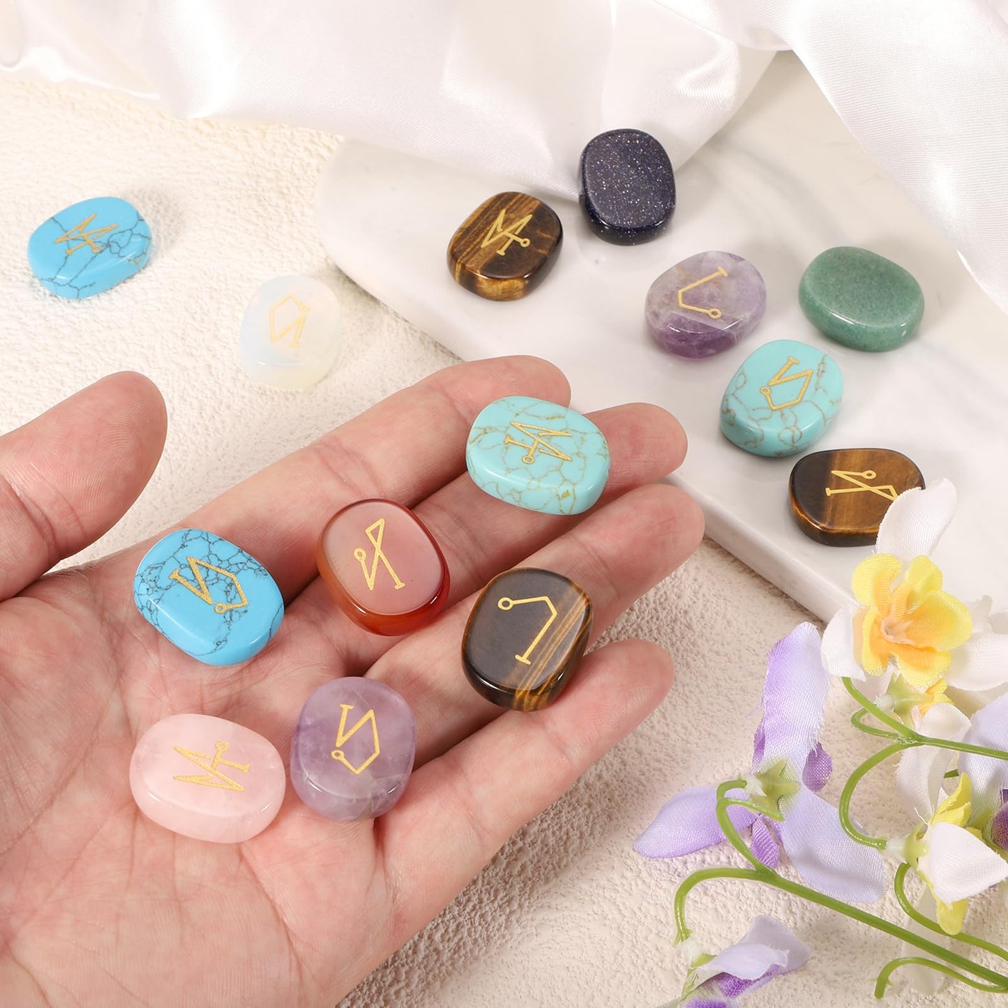 MECCANIXITY 4Pcs Engraved Chakra Stones with Reiki Symbols, Lapis Reiki Healing Crystal Gemstone 7 Chakra Crystal Stones Tumbled Palm Stone for Anxiety Relieve