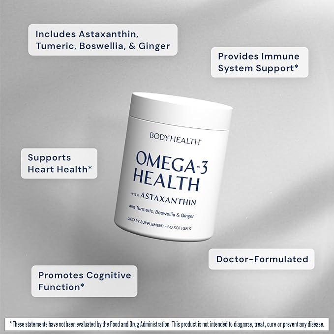 BodyHealth Omega 3 Health, Fish Oil Supplement for Women and Men, Heart and Brain Health, Fish Oil Pills, Fatty Acid Supplements, Omega 3 Vitamins - 60 Soft Gels